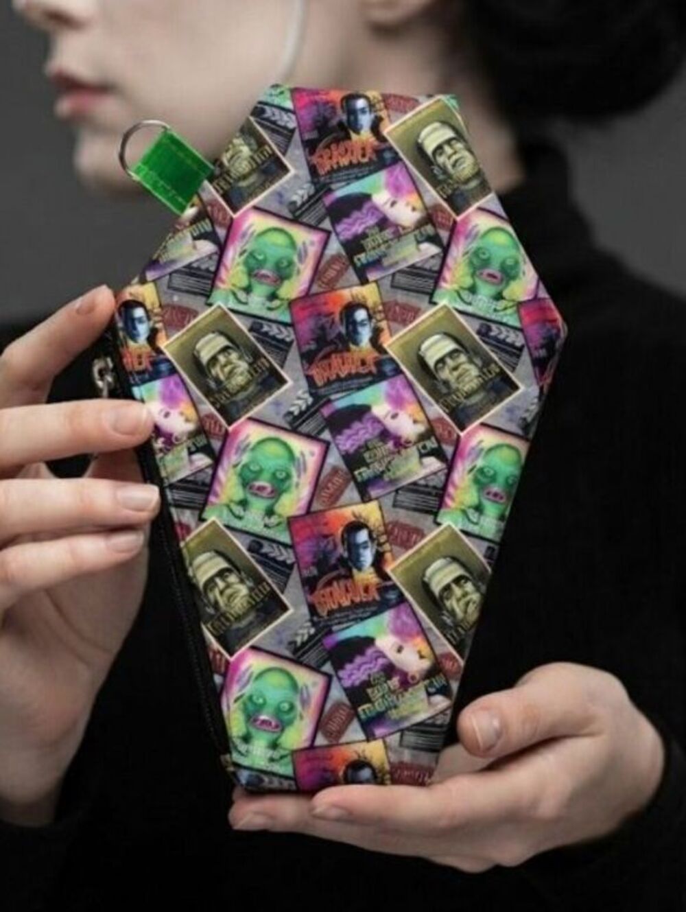 70's classic horror monster movie clear vinyl coffin pouch with split ring